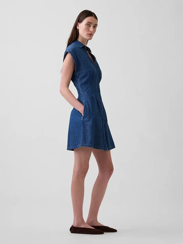 Miniabito a camicia in denim plissettato