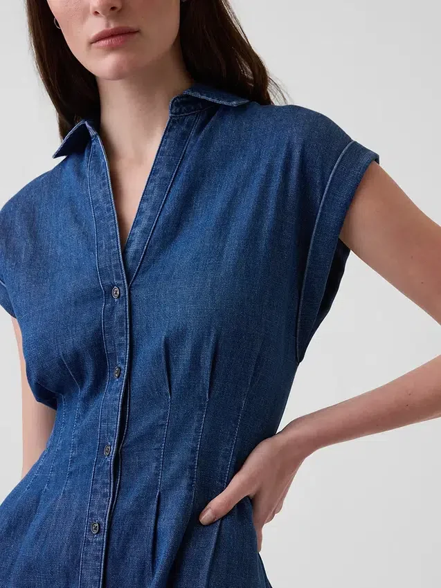 Miniabito a camicia in denim plissettato
