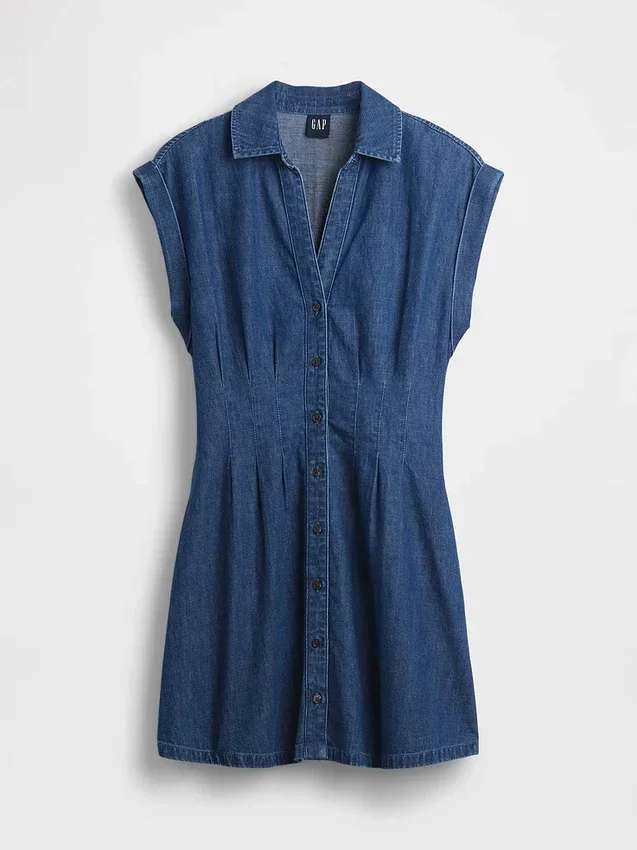 Miniabito a camicia in denim plissettato
