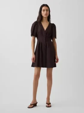Miniabito a camicia in misto lino con vita stretta
