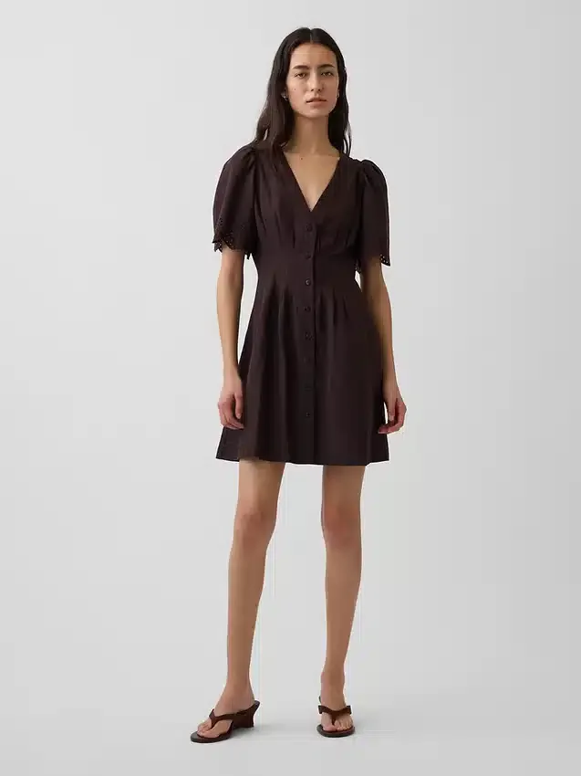 Miniabito a camicia in misto lino con vita stretta