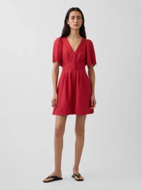 Miniabito a camicia in misto lino con vita stretta