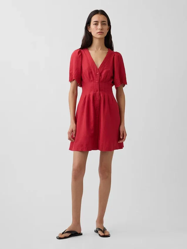 Miniabito a camicia in misto lino con vita stretta