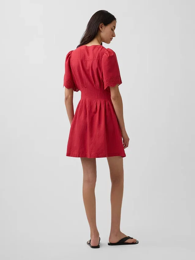 Miniabito a camicia in misto lino con vita stretta
