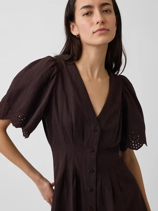 Miniabito a camicia in misto lino con vita stretta