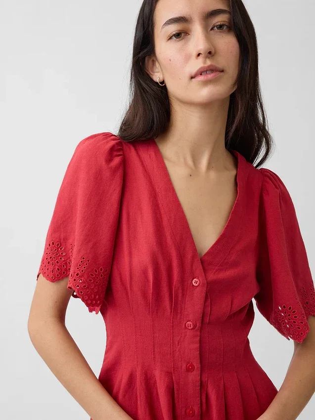 Miniabito a camicia in misto lino con vita stretta