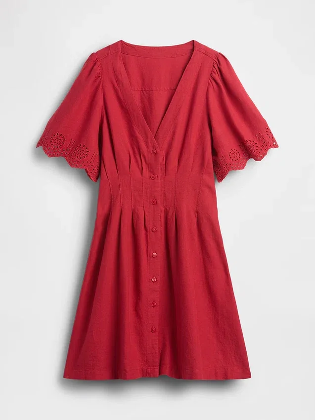 Miniabito a camicia in misto lino con vita stretta