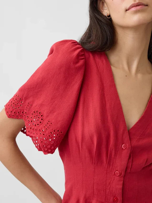 Miniabito a camicia in misto lino con vita stretta