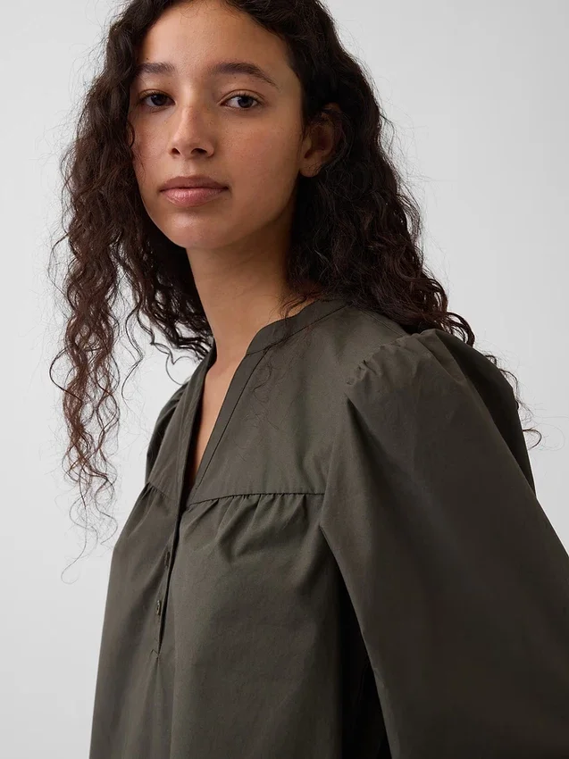 Miniabito in popeline con colletto Henley