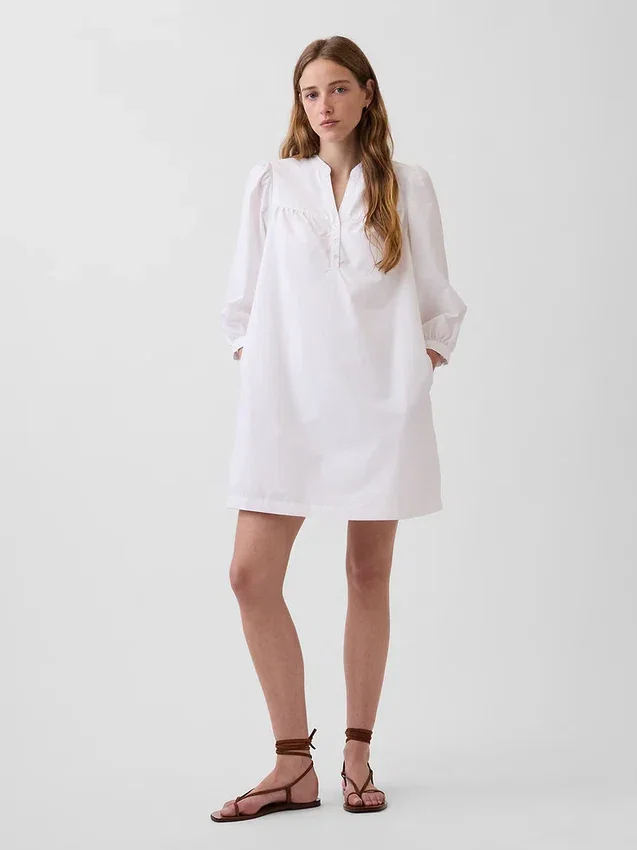 Miniabito in popeline con collo Henley