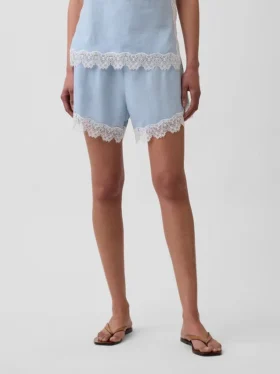 Pantaloncini a vita media da 4″ in misto lino con bordi in pizzo
