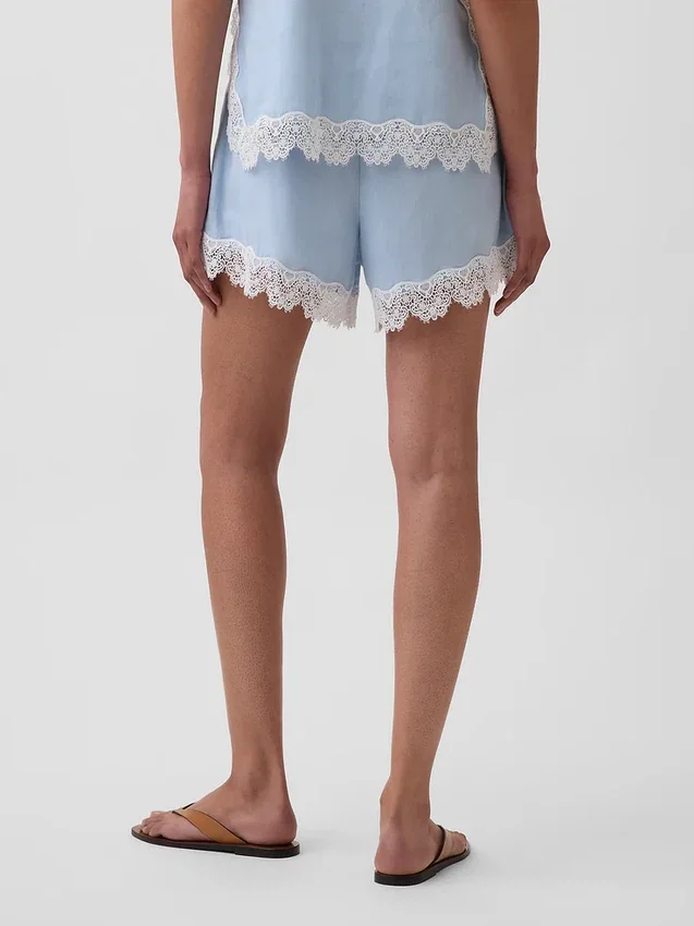 Pantaloncini a vita media da 4" in misto lino con bordi in pizzo