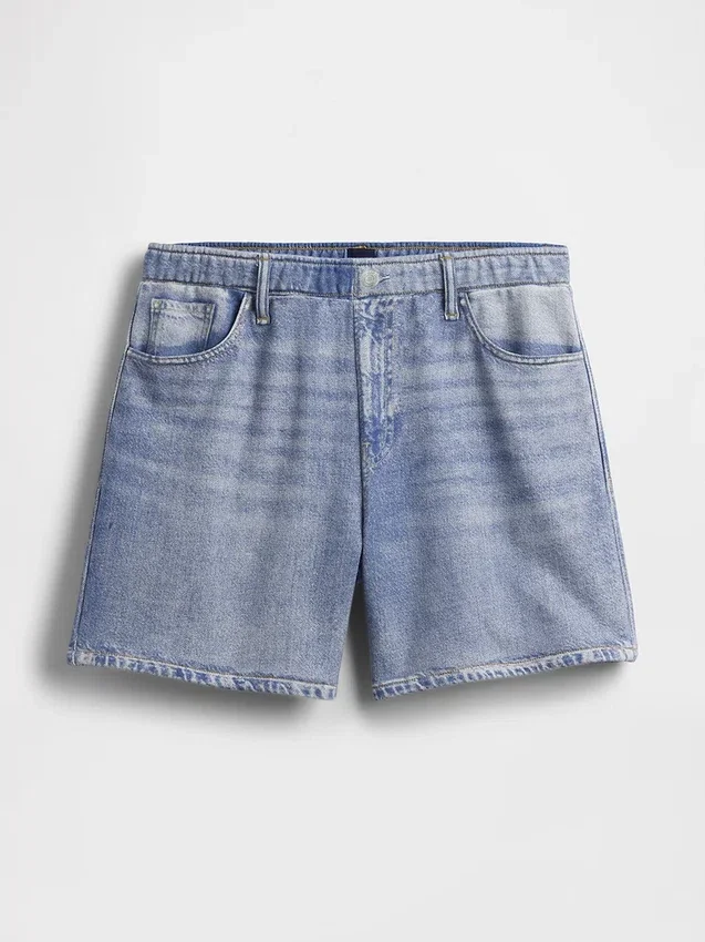 Pantaloncini comodi in maglia denim stampata a vita media da 5"