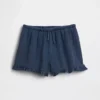 Pantaloncini corti in denim di garza di cotone per bambini con volant