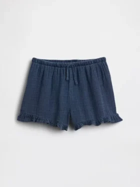 Pantaloncini corti in denim di garza di cotone per bambini con volant