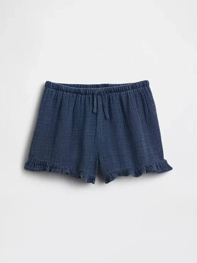 Pantaloncini corti in denim di garza di cotone per bambini con volant