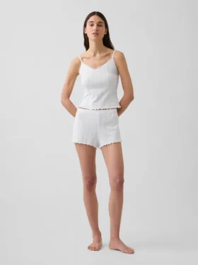 Pantaloncini da pigiama in maglia pointelle con orlo a foglia di lattuga