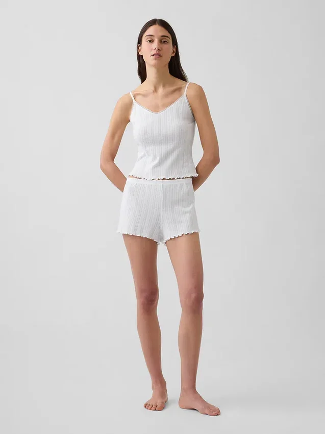 Pantaloncini da pigiama in maglia pointelle con orlo a foglia di lattuga