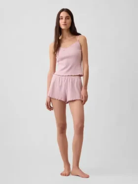 Pantaloncini da pigiama in maglia pointelle con orlo a foglia di lattuga