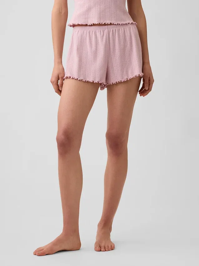 Pantaloncini da pigiama in maglia pointelle con orlo a foglia di lattuga