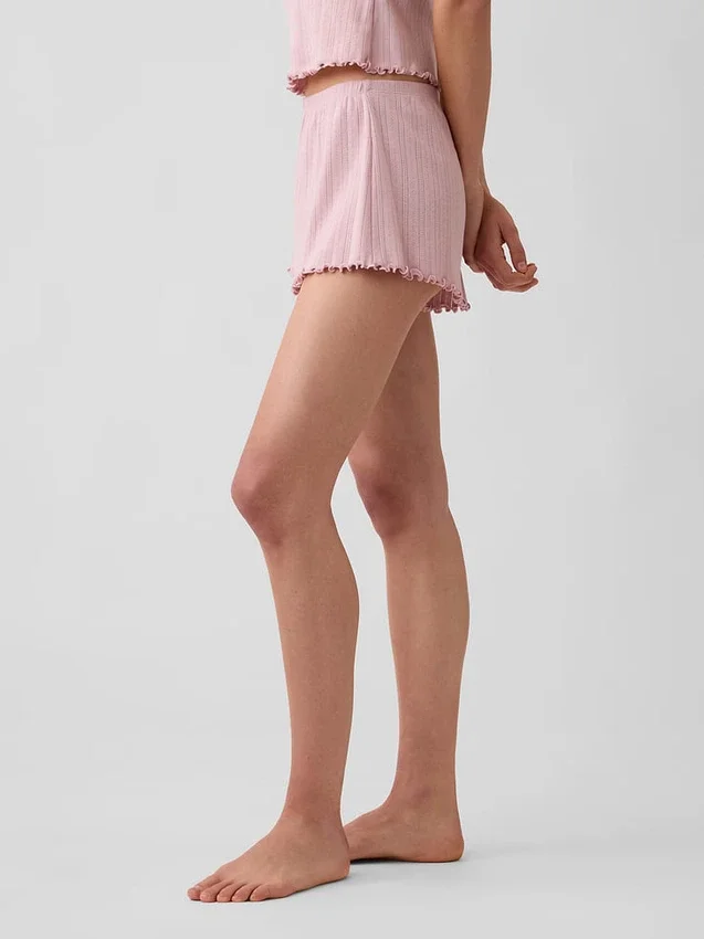 Pantaloncini da pigiama in maglia pointelle con orlo a foglia di lattuga