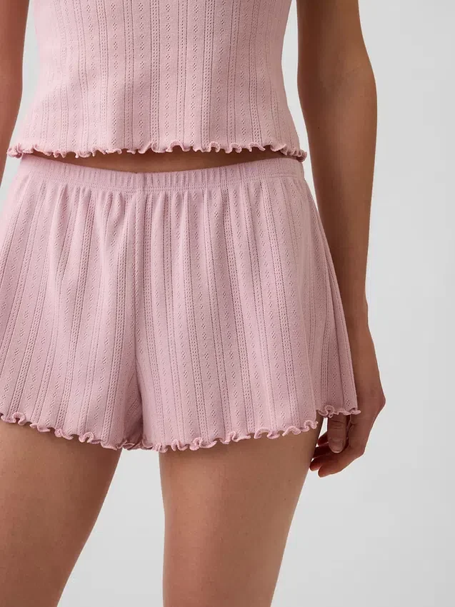 Pantaloncini da pigiama in maglia pointelle con orlo a foglia di lattuga