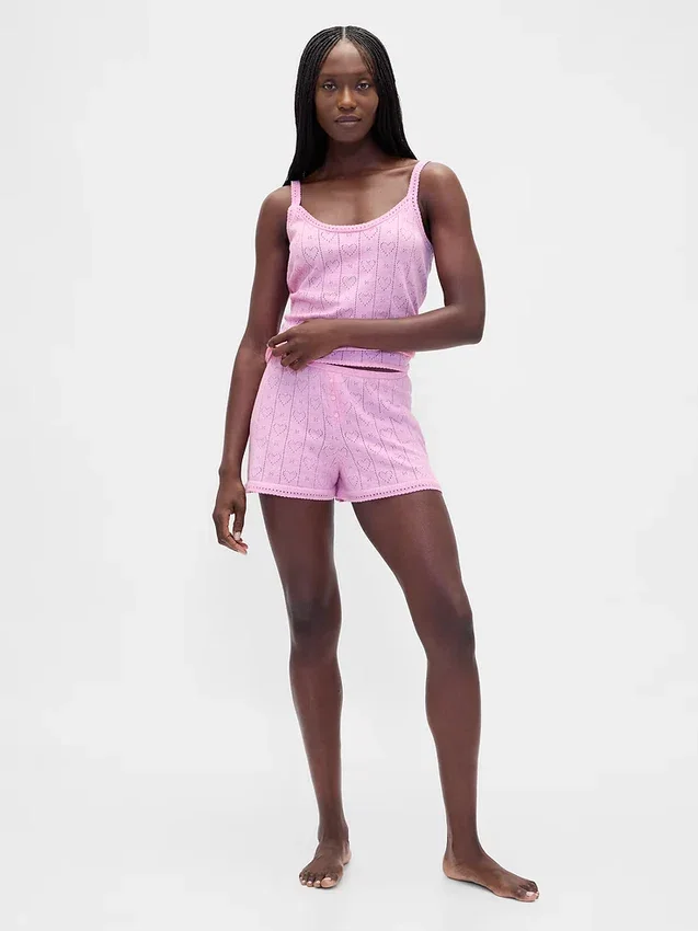 Pantaloncini da pigiama leggeri in CashSoft con motivo a cuori in punto Pointelle