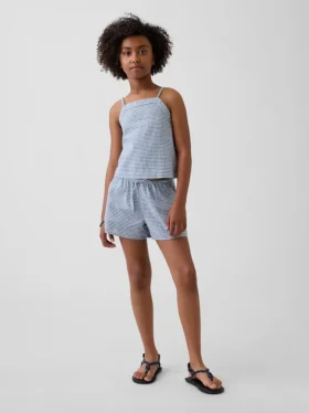 Pantaloncini facili da indossare in misto lino e cotone a quadretti per bambini