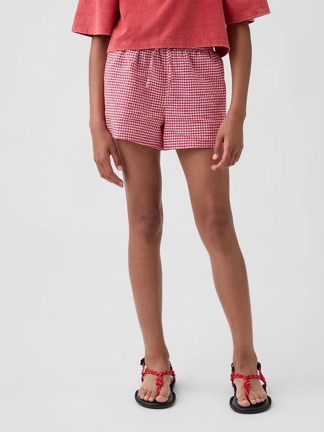 Pantaloncini facili da indossare in misto lino e cotone a quadretti per bambini