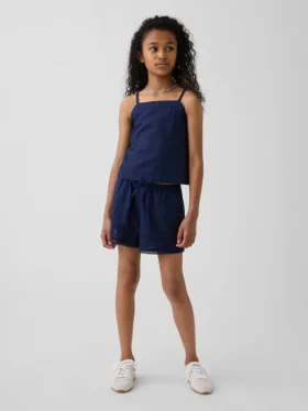 Pantaloncini facili da indossare in misto lino e cotone con bordi in pizzo per bambini