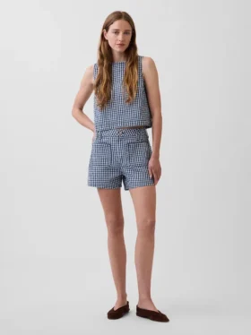 Pantaloncini in denim a vita alta da 3,5", modello dritto e morbido con stampa a quadretti