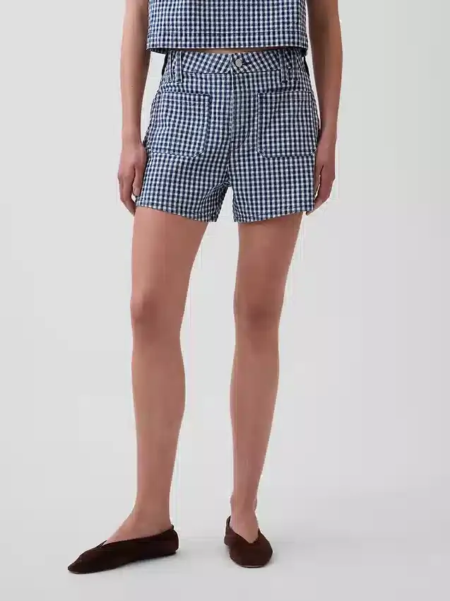 Pantaloncini in denim a vita alta da 3,5", modello dritto e morbido con stampa a quadretti