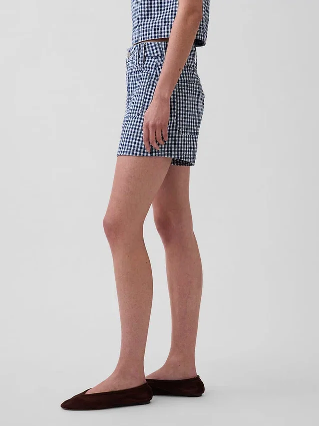 Pantaloncini in denim a vita alta da 3,5", modello dritto e morbido con stampa a quadretti