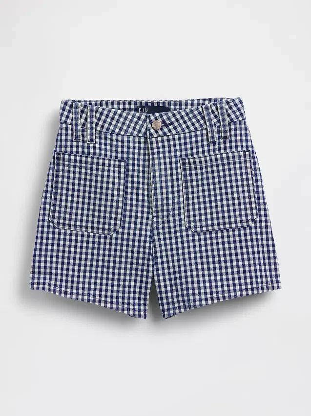 Pantaloncini in denim a vita alta da 3,5", modello dritto e morbido con stampa a quadretti