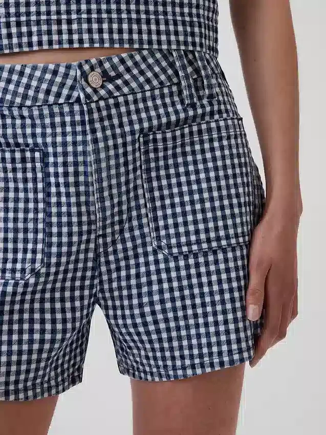 Pantaloncini in denim a vita alta da 3,5", modello dritto e morbido con stampa a quadretti