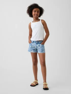 Pantaloncini in denim a vita bassa con motivo floreale per bambini