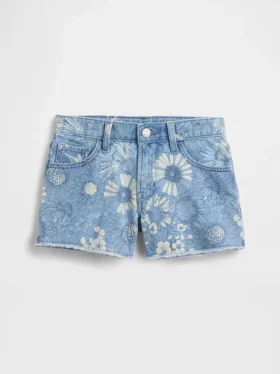 Pantaloncini in denim a vita bassa con motivo floreale per bambini