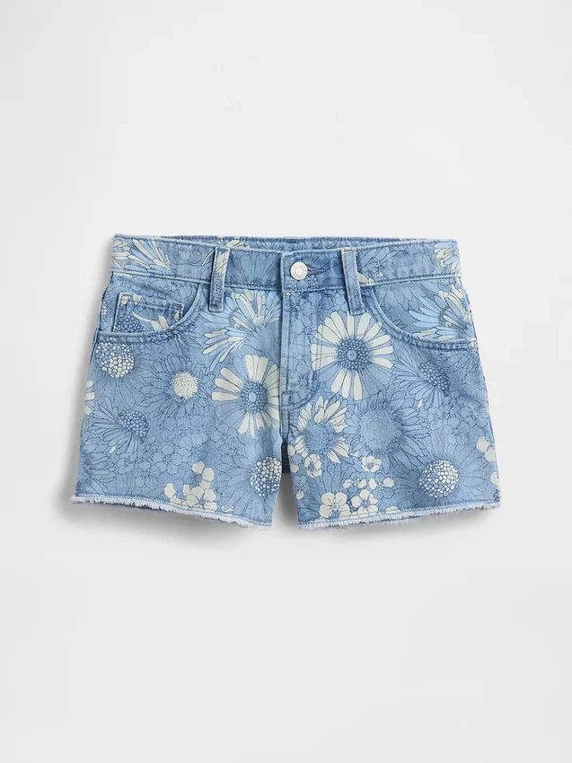 Pantaloncini in denim a vita bassa con motivo floreale per bambini
