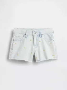 Pantaloncini in denim da bambino a vita bassa con ricamo a forma di limone