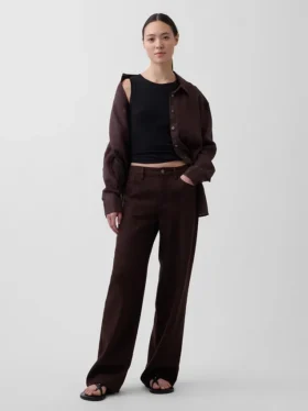 Pantaloni a gamba larga in misto lino e cotone