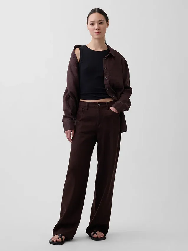 Pantaloni a gamba larga in misto lino e cotone