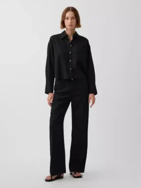 Pantaloni a gamba larga in misto lino e cotone