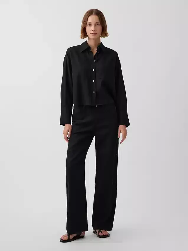 Pantaloni a gamba larga in misto lino e cotone
