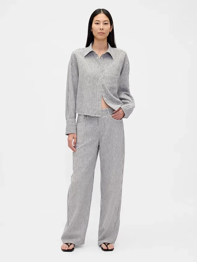 Pantaloni a gamba larga in misto lino e cotone
