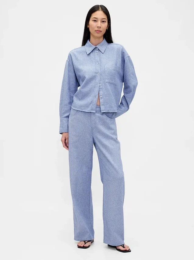 Pantaloni a gamba larga in misto lino e cotone
