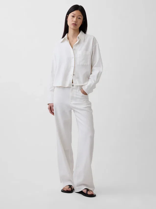 Pantaloni a gamba larga in misto lino e cotone
