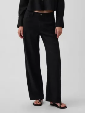 Pantaloni a gamba larga in misto lino e cotone
