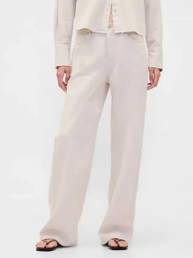 Pantaloni a gamba larga in misto lino e cotone