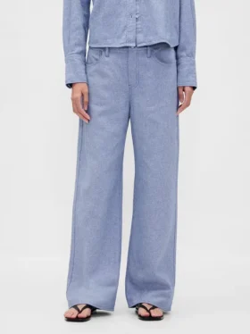 Pantaloni a gamba larga in misto lino e cotone