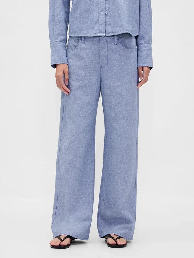 Pantaloni a gamba larga in misto lino e cotone